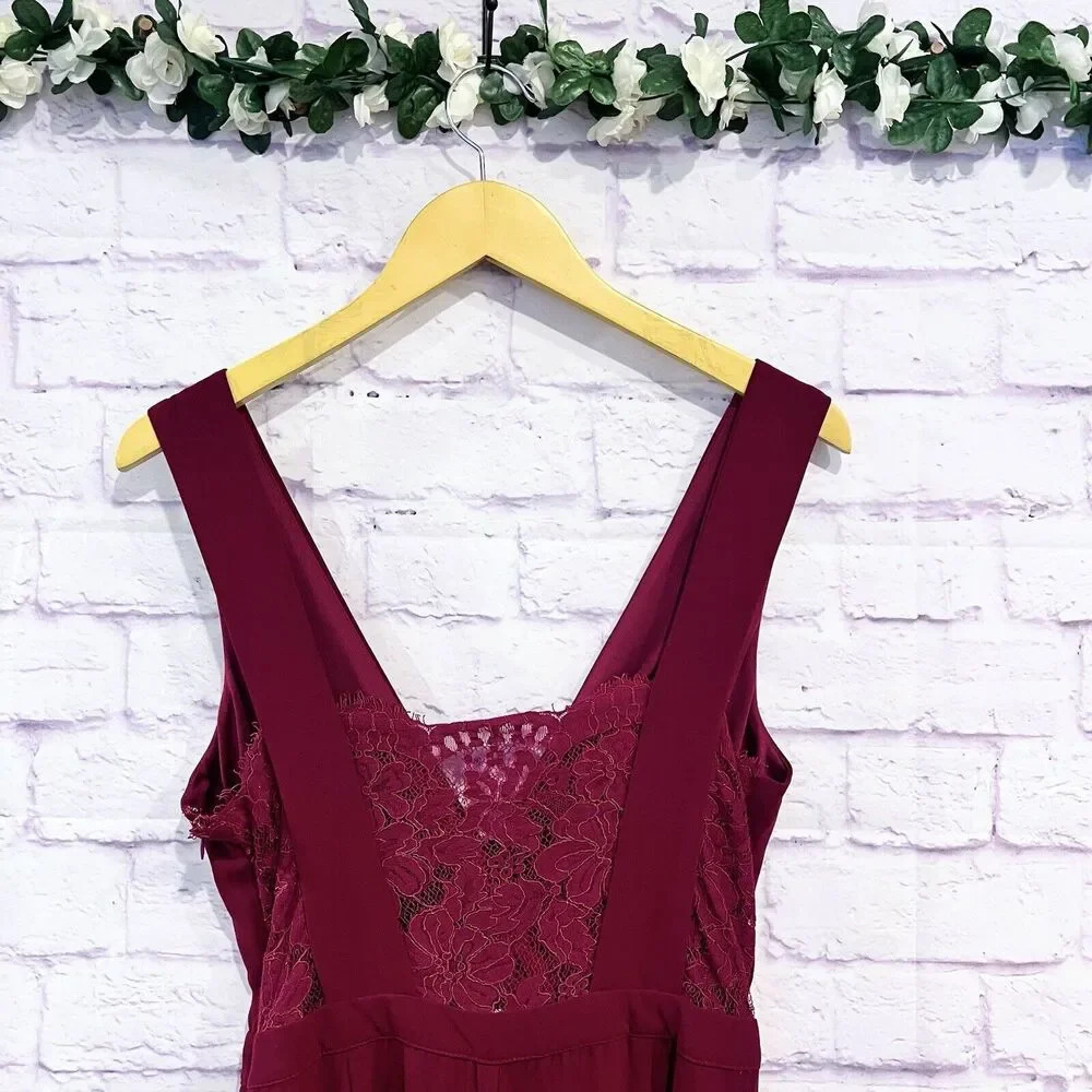 Lulu’s Women's Burgundy Kiska Lace Back‎ Wide Leg Jumpsuit side Pockets Medium - Picture 6 of 16